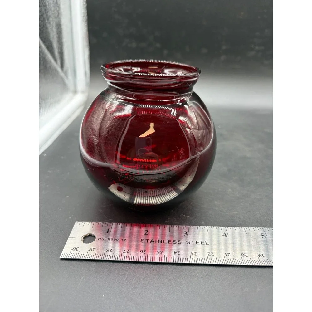 Vintage Ruby Red Glass Rose Bowl Vase Round Small 4 Inch Mid Century Decor